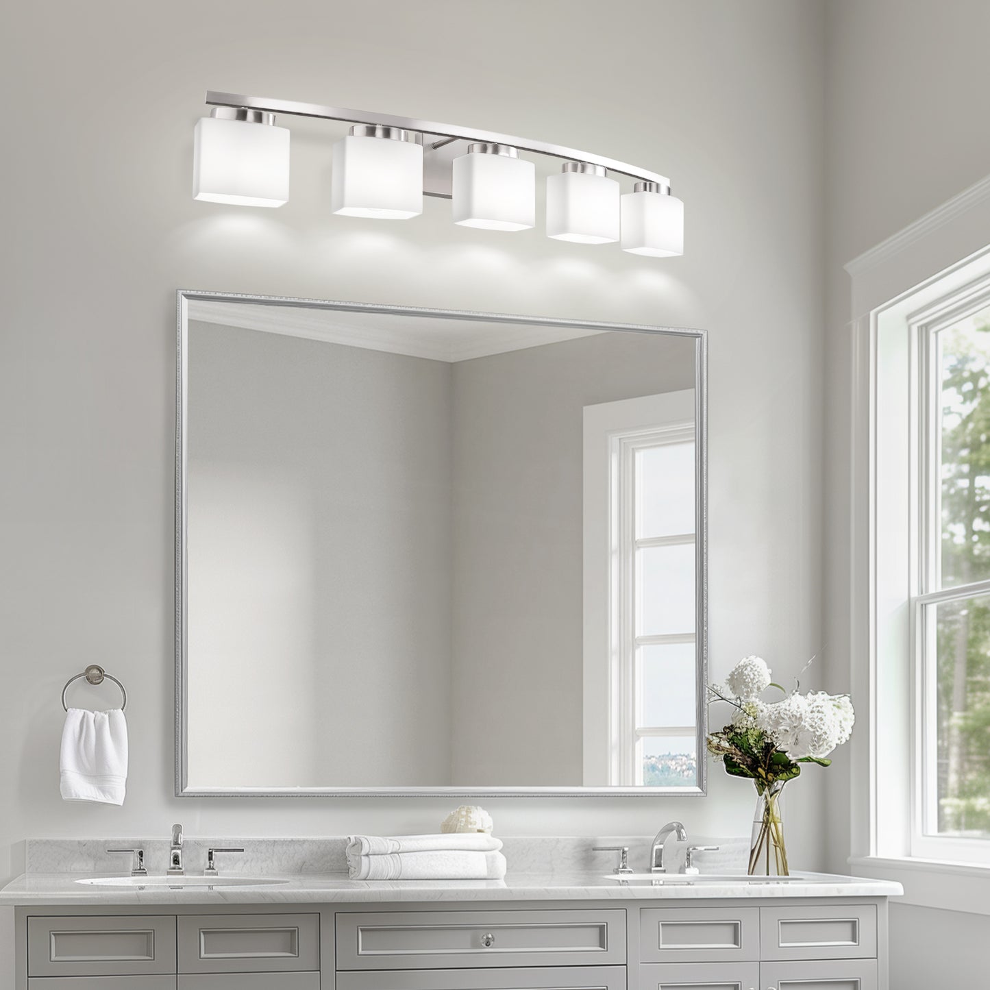 41 in. 5-Light Nickel Modern Square Vanity Light for Bathroom, Bedroom with Curved Arms and Milk White Glass Shades