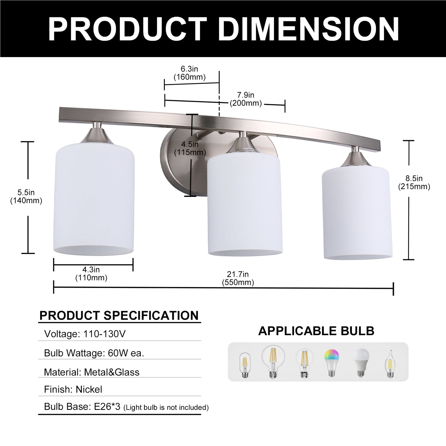 22 in. 3 Light Nickel Modern Cylinder Vanity Light for Bathroom, Bedroom with Curved Arms and Milk White Glass Shades