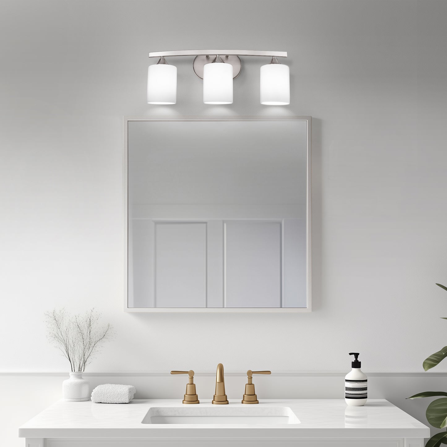 22 in. 3 Light Nickel Modern Cylinder Vanity Light for Bathroom, Bedroom with Curved Arms and Milk White Glass Shades