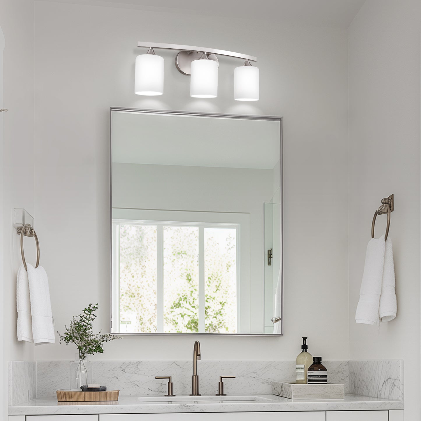 22 in. 3 Light Nickel Modern Cylinder Vanity Light for Bathroom, Bedroom with Curved Arms and Milk White Glass Shades