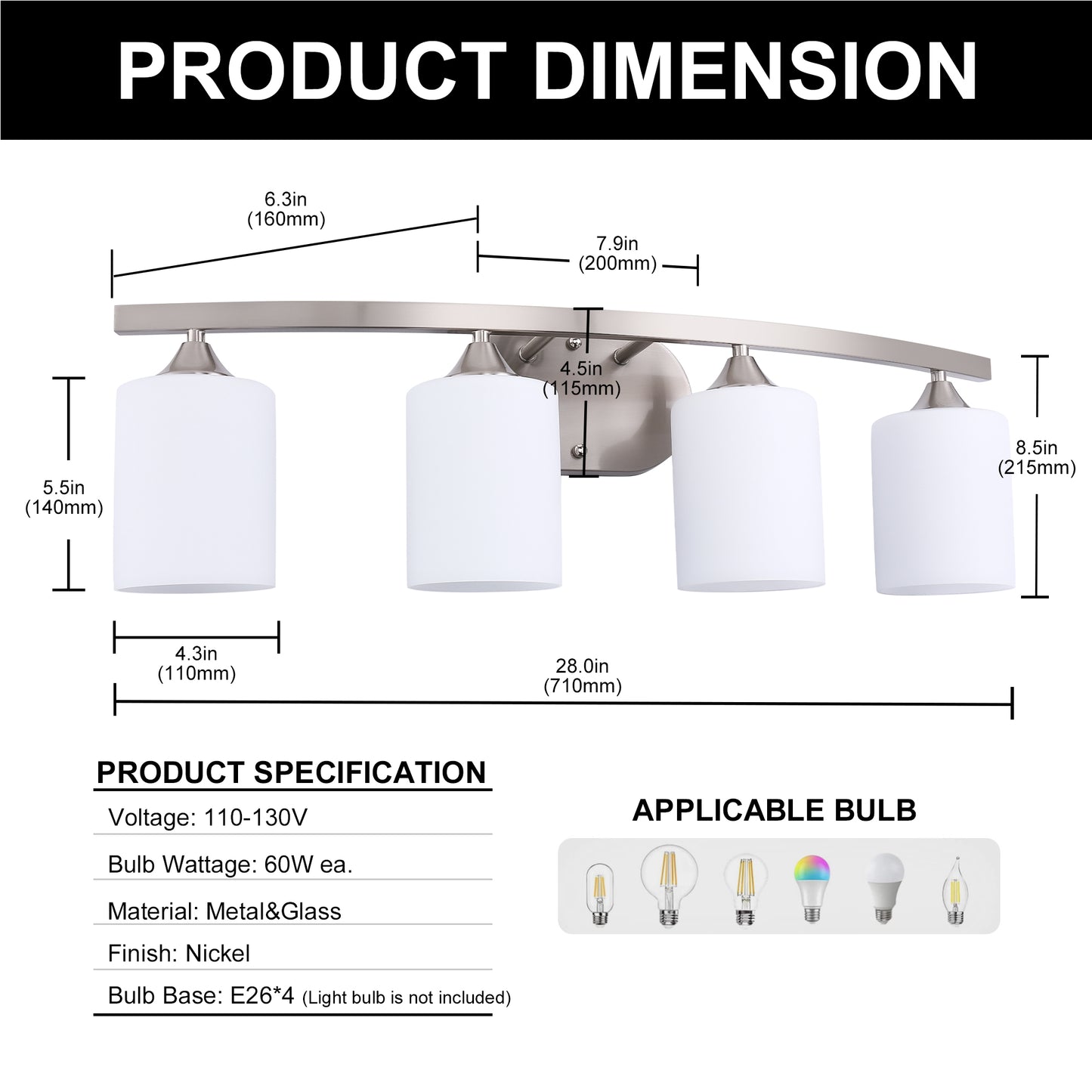 28 in. 4-Light Nickel Modern Cylinder Vanity Light for Bathroom, Bedroom with Curved Arms and Milk White Glass Shades