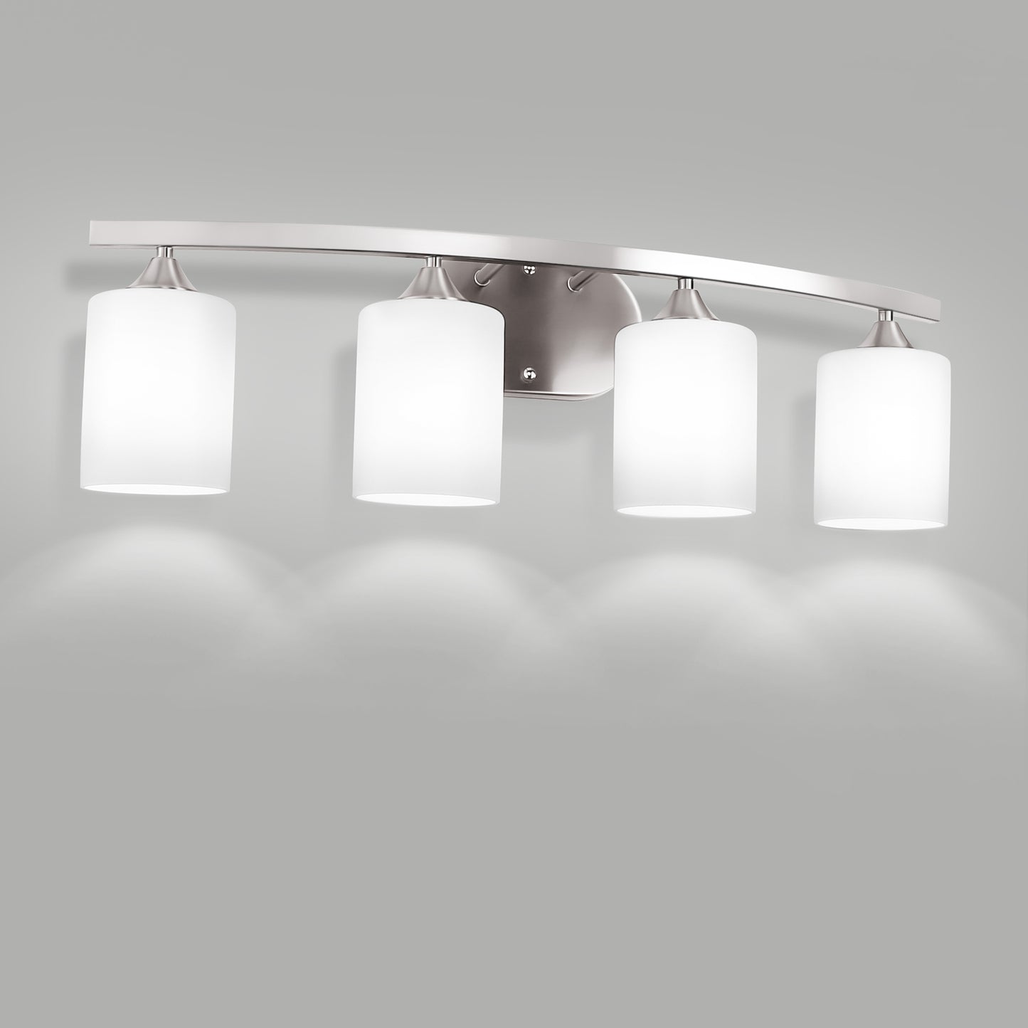 28 in. 4-Light Nickel Modern Cylinder Vanity Light for Bathroom, Bedroom with Curved Arms and Milk White Glass Shades