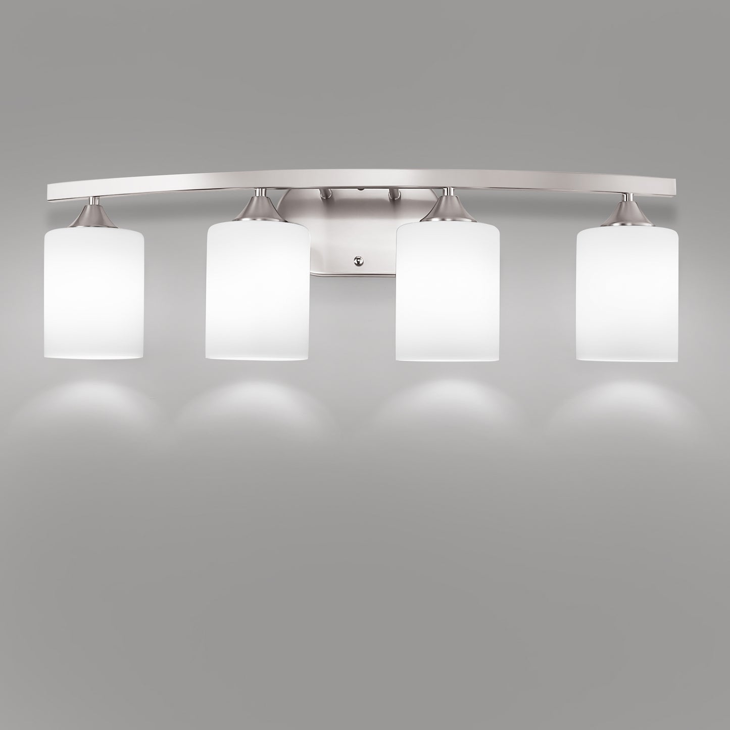 28 in. 4-Light Nickel Modern Cylinder Vanity Light for Bathroom, Bedroom with Curved Arms and Milk White Glass Shades