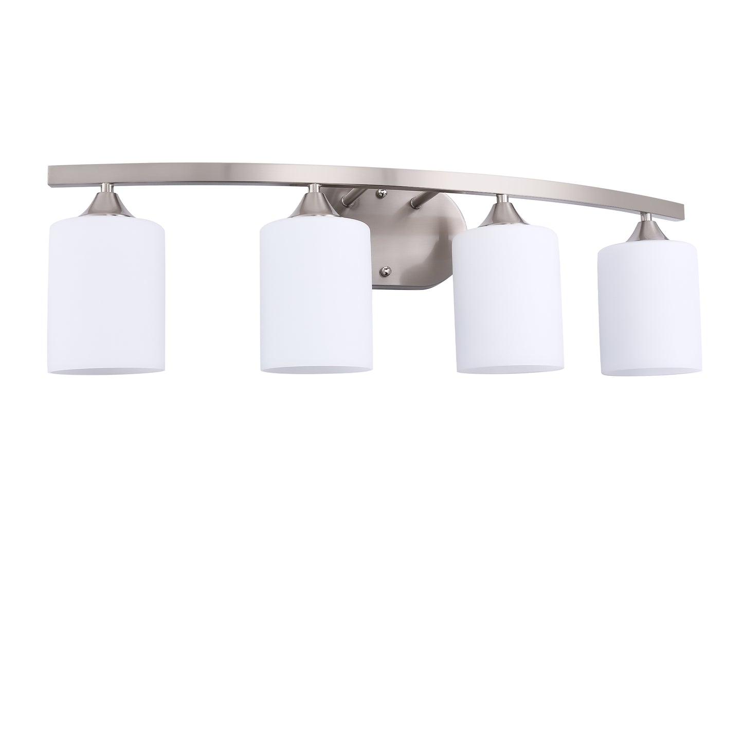28 in. 4-Light Nickel Modern Cylinder Vanity Light for Bathroom, Bedroom with Curved Arms and Milk White Glass Shades
