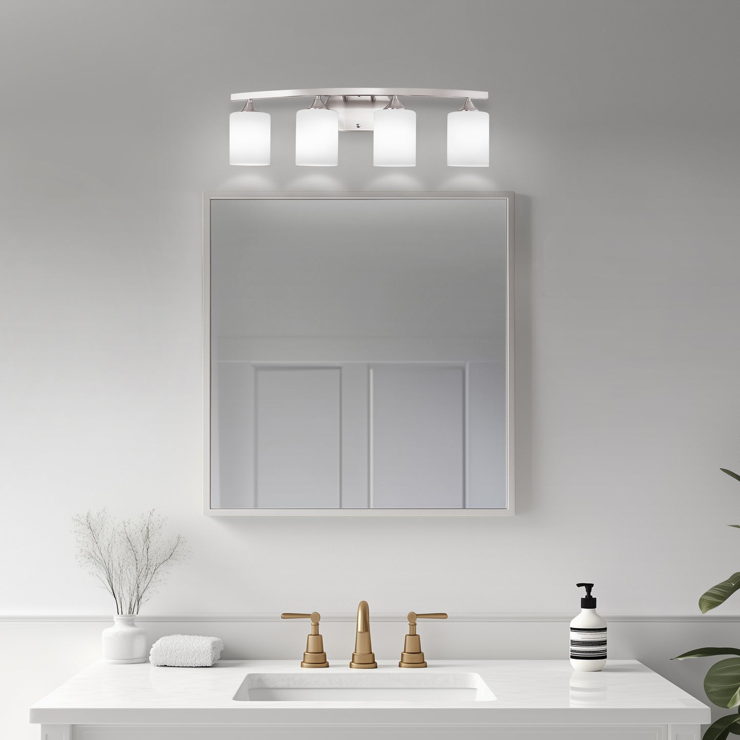 28 in. 4-Light Nickel Modern Cylinder Vanity Light for Bathroom, Bedroom with Curved Arms and Milk White Glass Shades