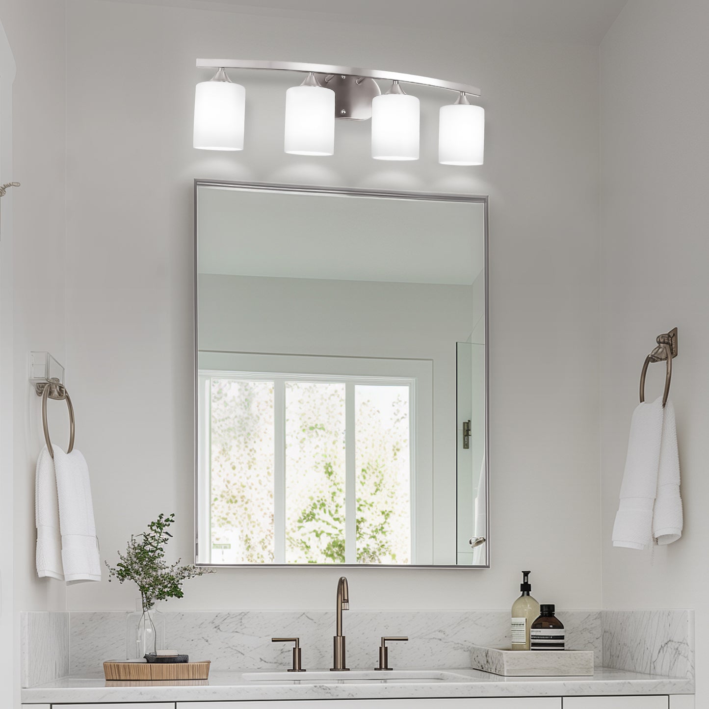 28 in. 4-Light Nickel Modern Cylinder Vanity Light for Bathroom, Bedroom with Curved Arms and Milk White Glass Shades