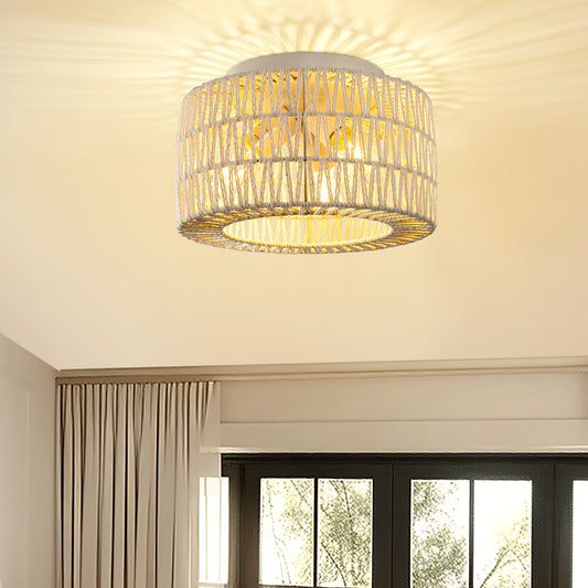 11.8 in. 3-Light White Rattan Flush Mount Ceiling Light for Hallway, Bedroom or Living Room