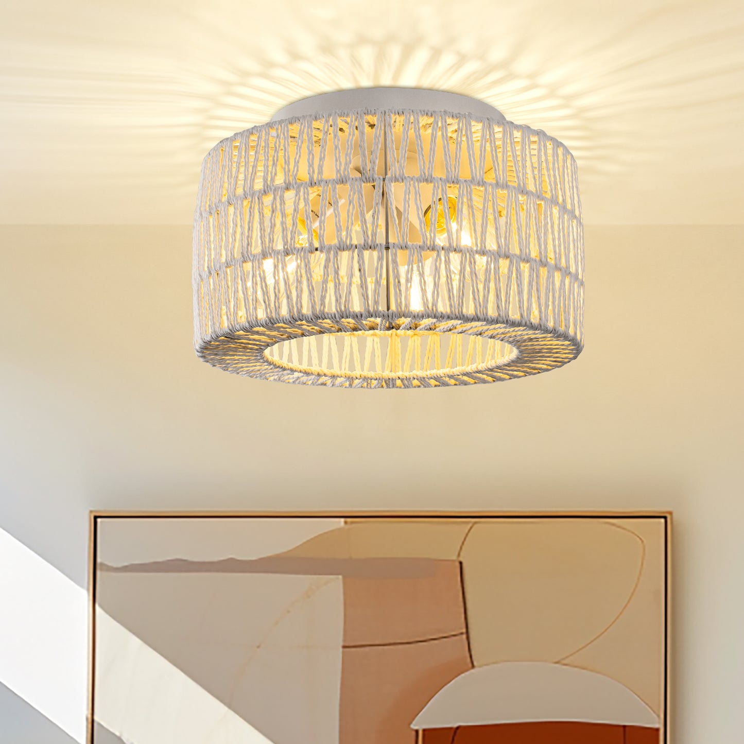 11.8 in. 3-Light White Rattan Flush Mount Ceiling Light for Hallway, Bedroom or Living Room
