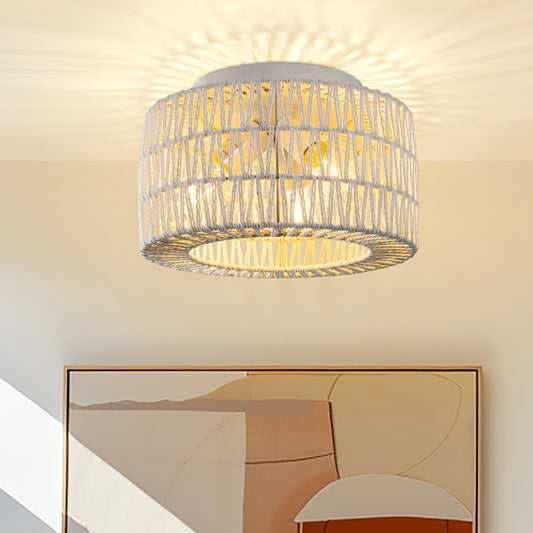 11.8 in. 3-Light White Rattan Flush Mount Ceiling Light for Hallway, Bedroom or Living Room