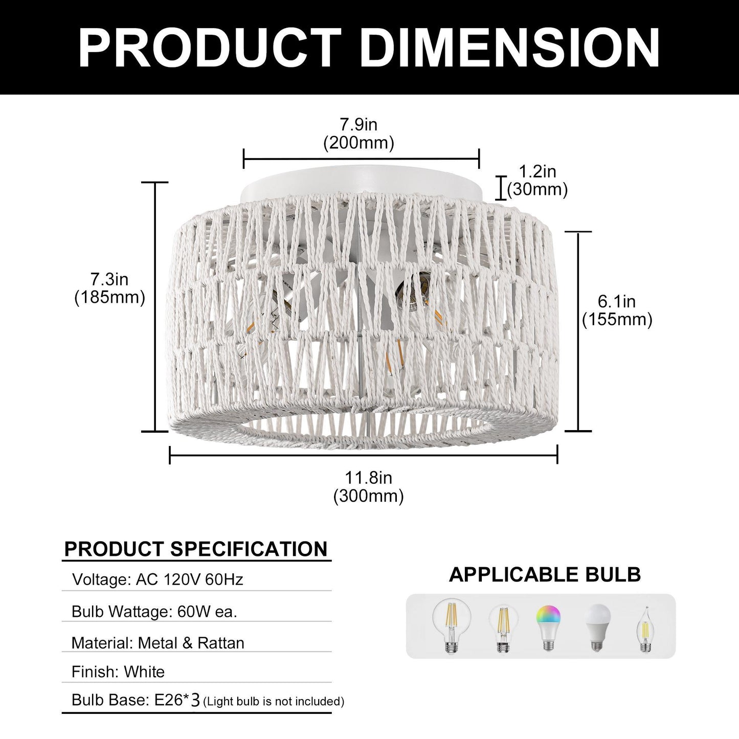 11.8 in. 3-Light White Rattan Flush Mount Ceiling Light for Hallway, Bedroom or Living Room