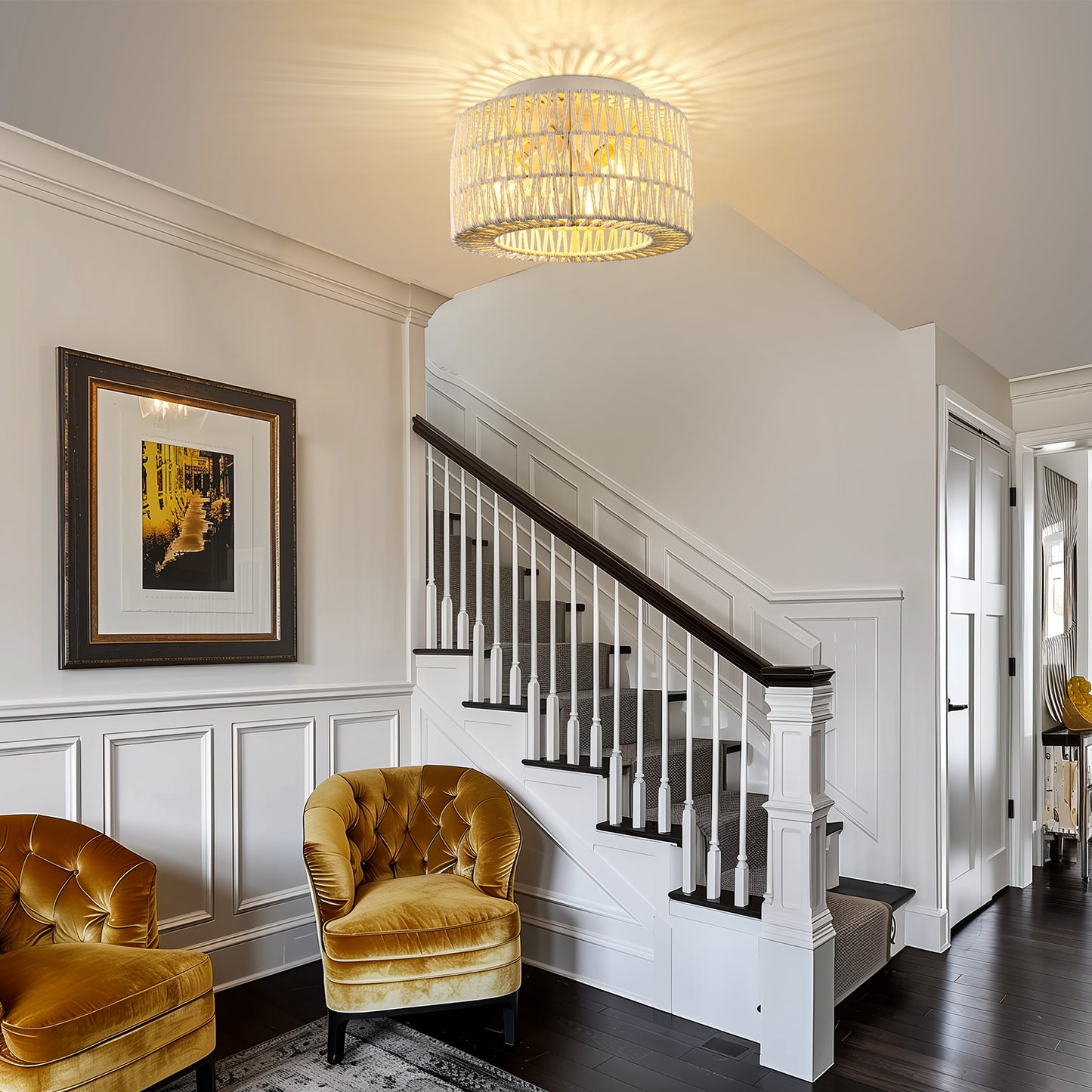 11.8 in. 3-Light White Rattan Flush Mount Ceiling Light for Hallway, Bedroom or Living Room