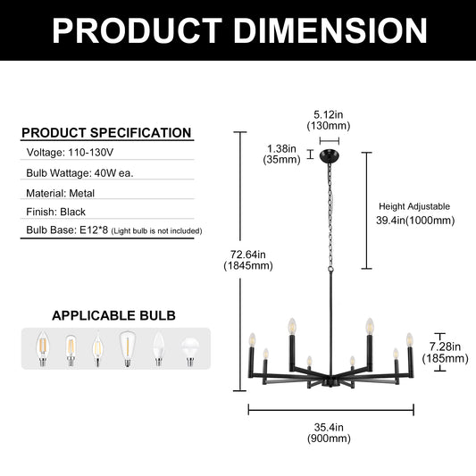 8-Light Black Farmhouse Chandelier with Candle Design for Dining Room, Kitchen Island, or Foyer