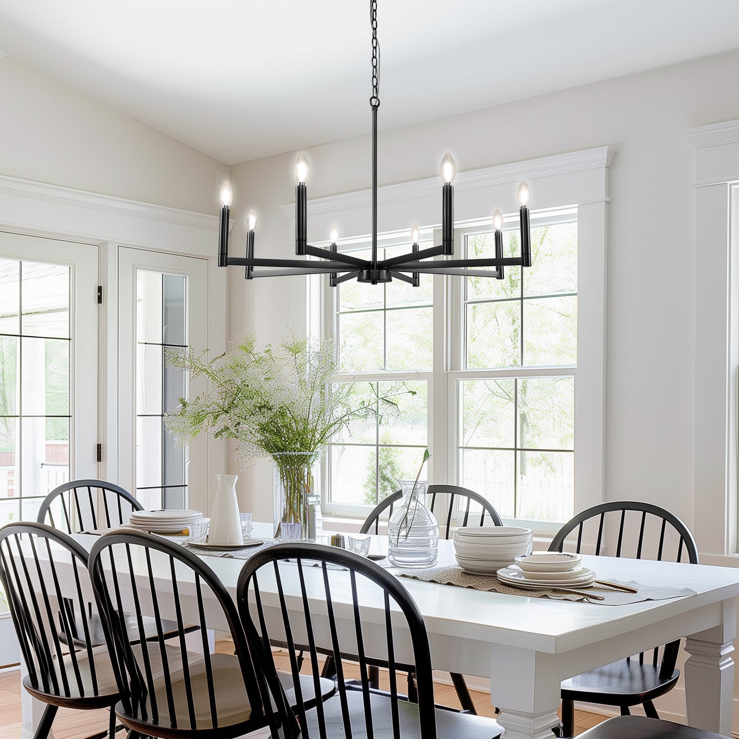8-Light Black Farmhouse Chandelier with Candle Design for Dining Room, Kitchen Island, or Foyer
