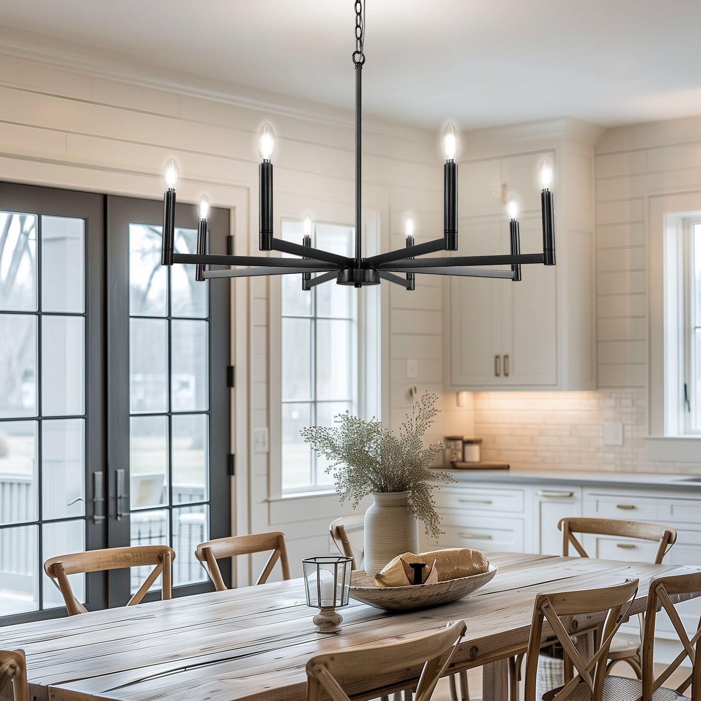 8-Light Black Farmhouse Chandelier with Candle Design for Dining Room, Kitchen Island, or Foyer