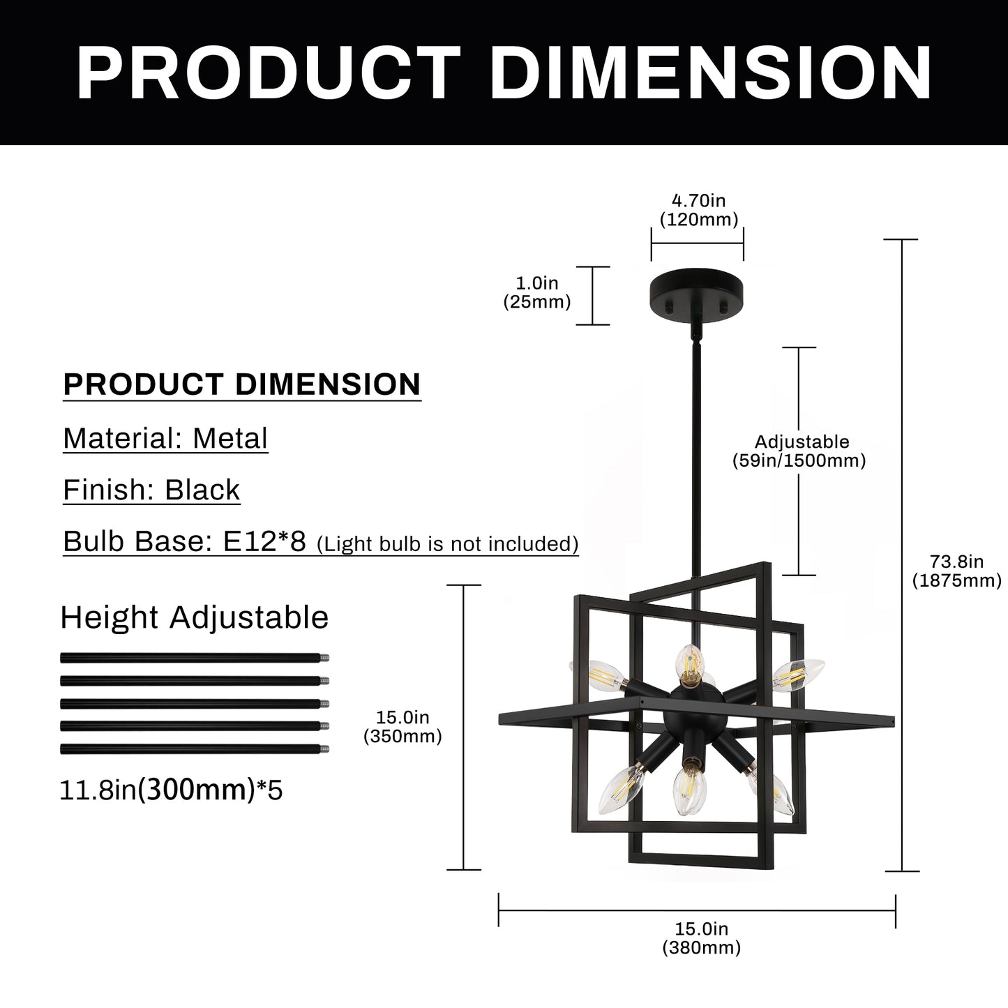 8-Light Black Modern Geometric Chandeliers, Industrial Adjustable Hanging Sputnik Pendant Light