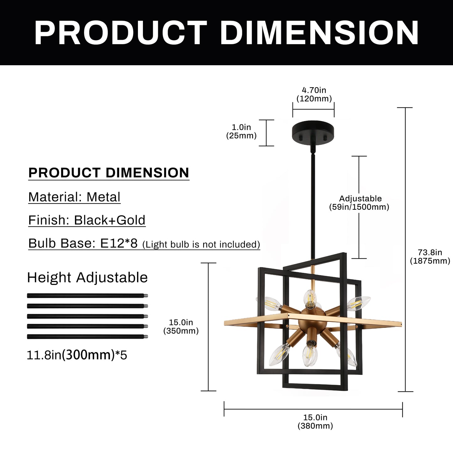 8-Light Black and Gold Modern Geometric Chandeliers, Industrial Adjustable Hanging Sputnik Pendant Light