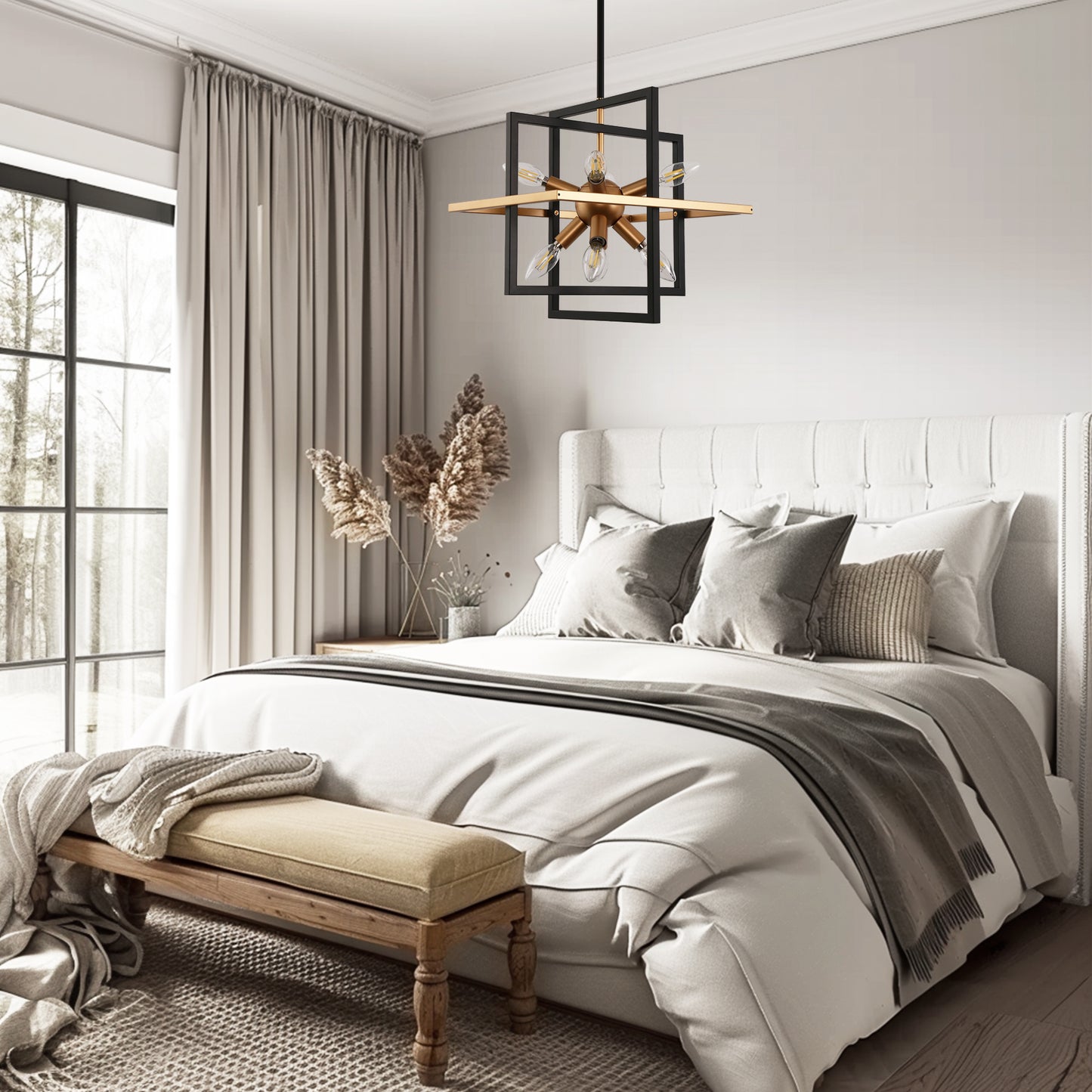 8-Light Black and Gold Modern Geometric Chandeliers, Industrial Adjustable Hanging Sputnik Pendant Light