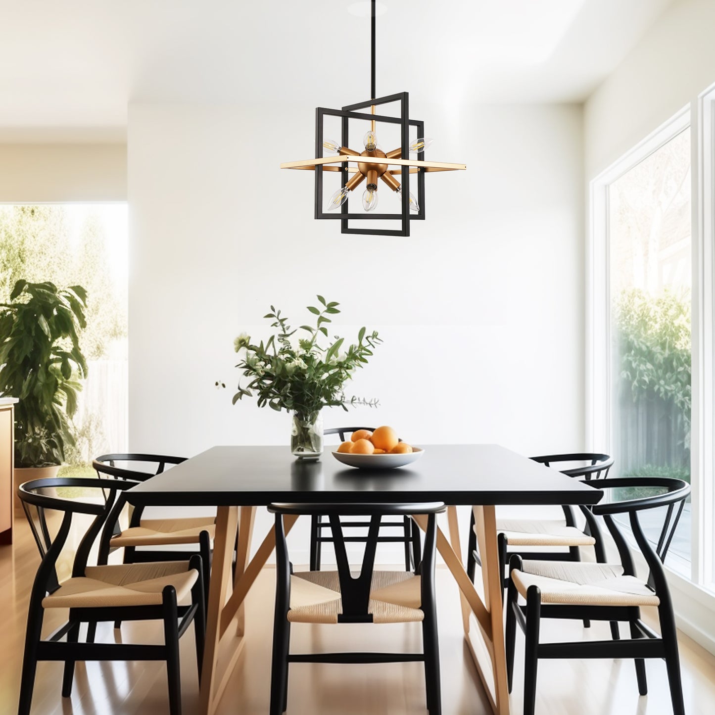 8-Light Black and Gold Modern Geometric Chandeliers, Industrial Adjustable Hanging Sputnik Pendant Light