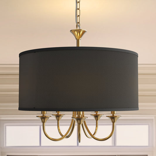 20 in. 5-Light Gold Candle Style Empire Chandelier with Black Fabric Shades for Home Lighting