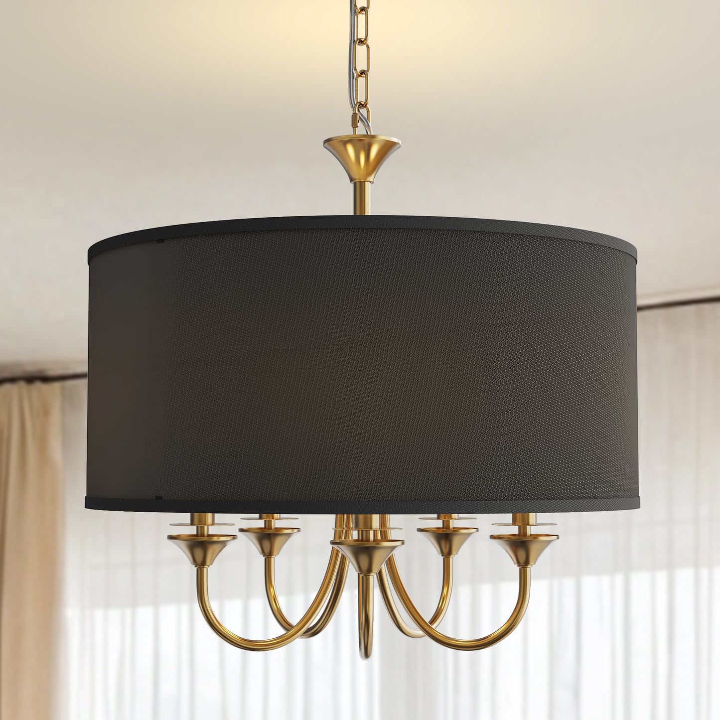 20 in. 5-Light Gold Candle Style Empire Chandelier with Black Fabric Shades for Home Lighting