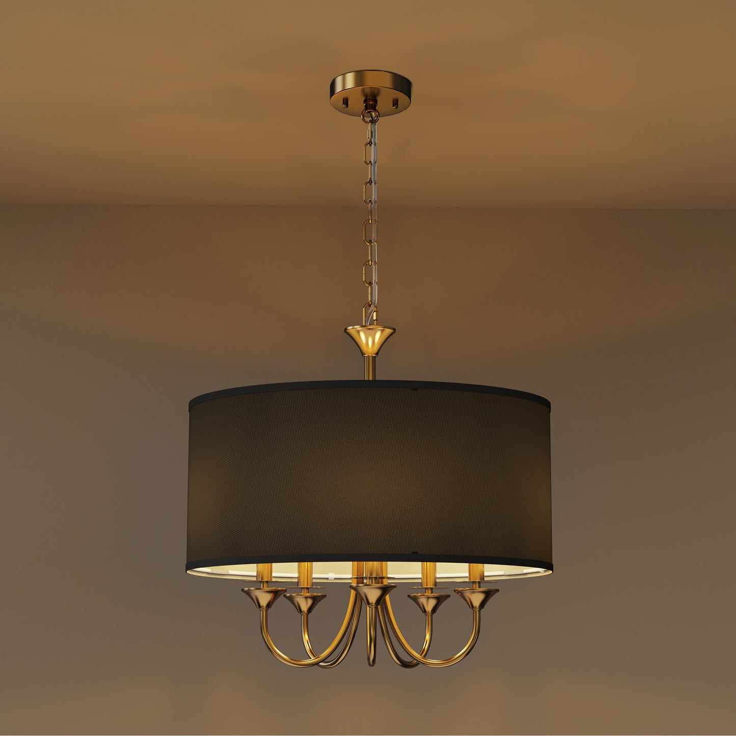 20 in. 5-Light Gold Candle Style Empire Chandelier with Black Fabric Shades for Home Lighting