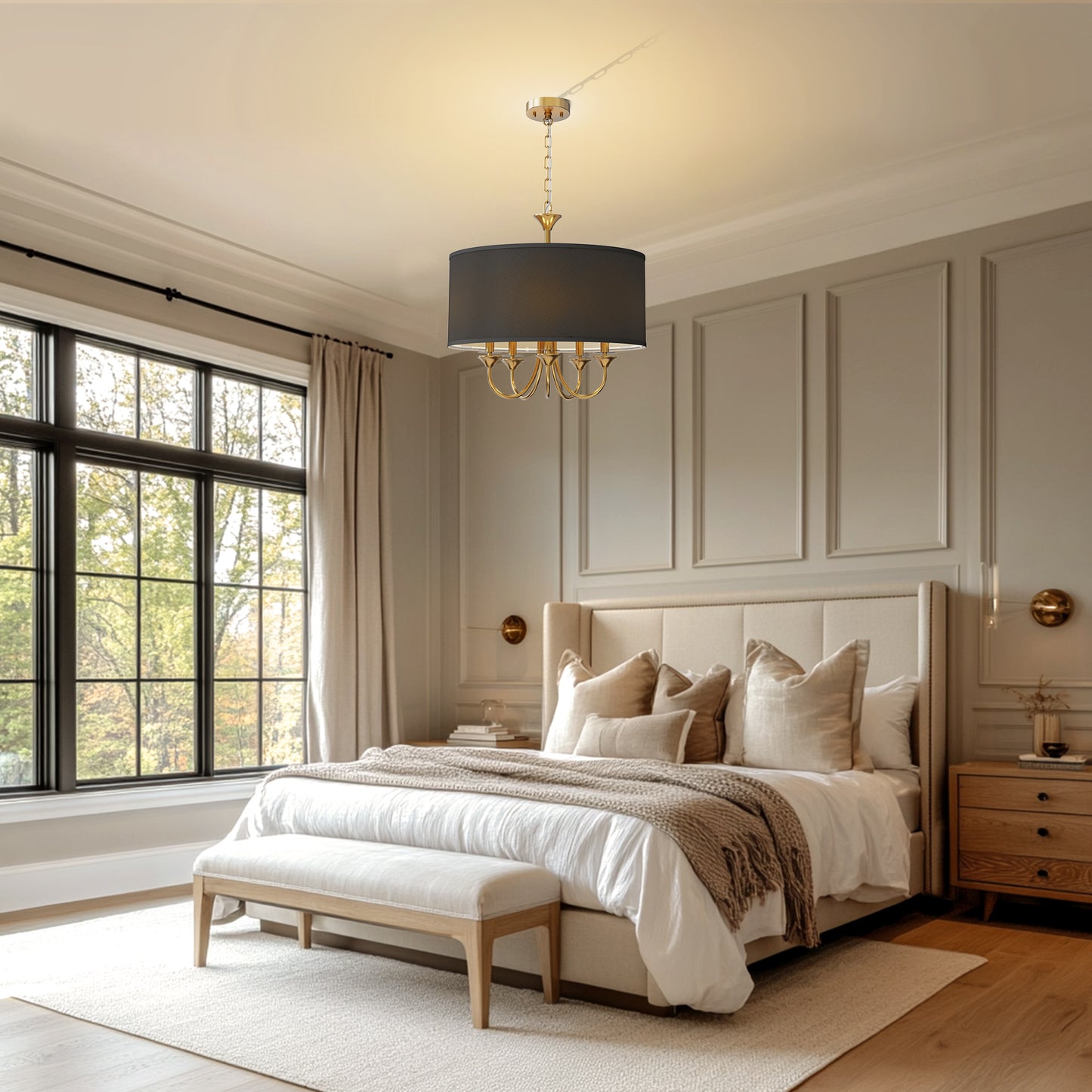 20 in. 5-Light Gold Candle Style Empire Chandelier with Black Fabric Shades for Home Lighting