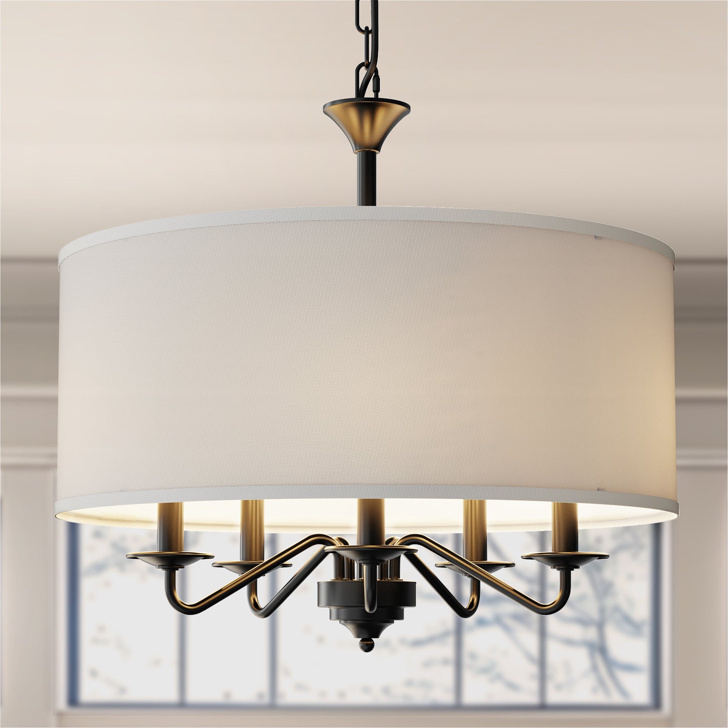 20 in. 5-Light Black Empire Chandelier with Fabric Shades for Dining and Living Room