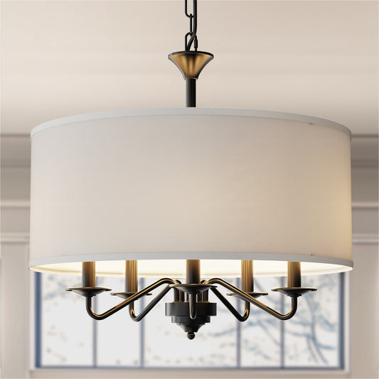20 in. 5-Light Black Empire Chandelier with Fabric Shades for Dining and Living Room