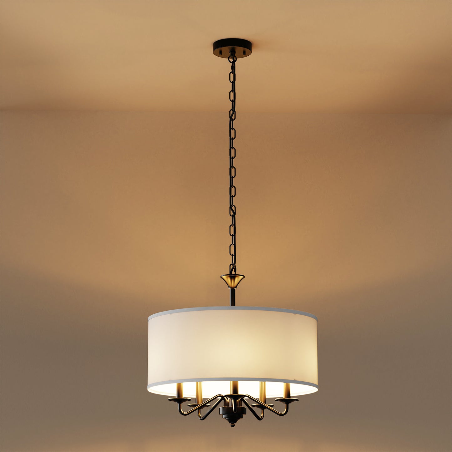 20 in. 5-Light Black Empire Chandelier with Fabric Shades for Dining and Living Room