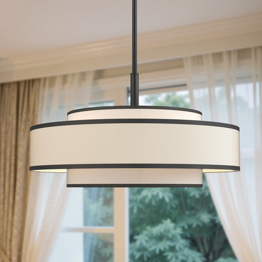 YANSUN 5-Light Farmhouse 3-Tier Matte Black KD Pendant Light Chandelier with Black Frame and White TC Fabric Shades, E12 Base