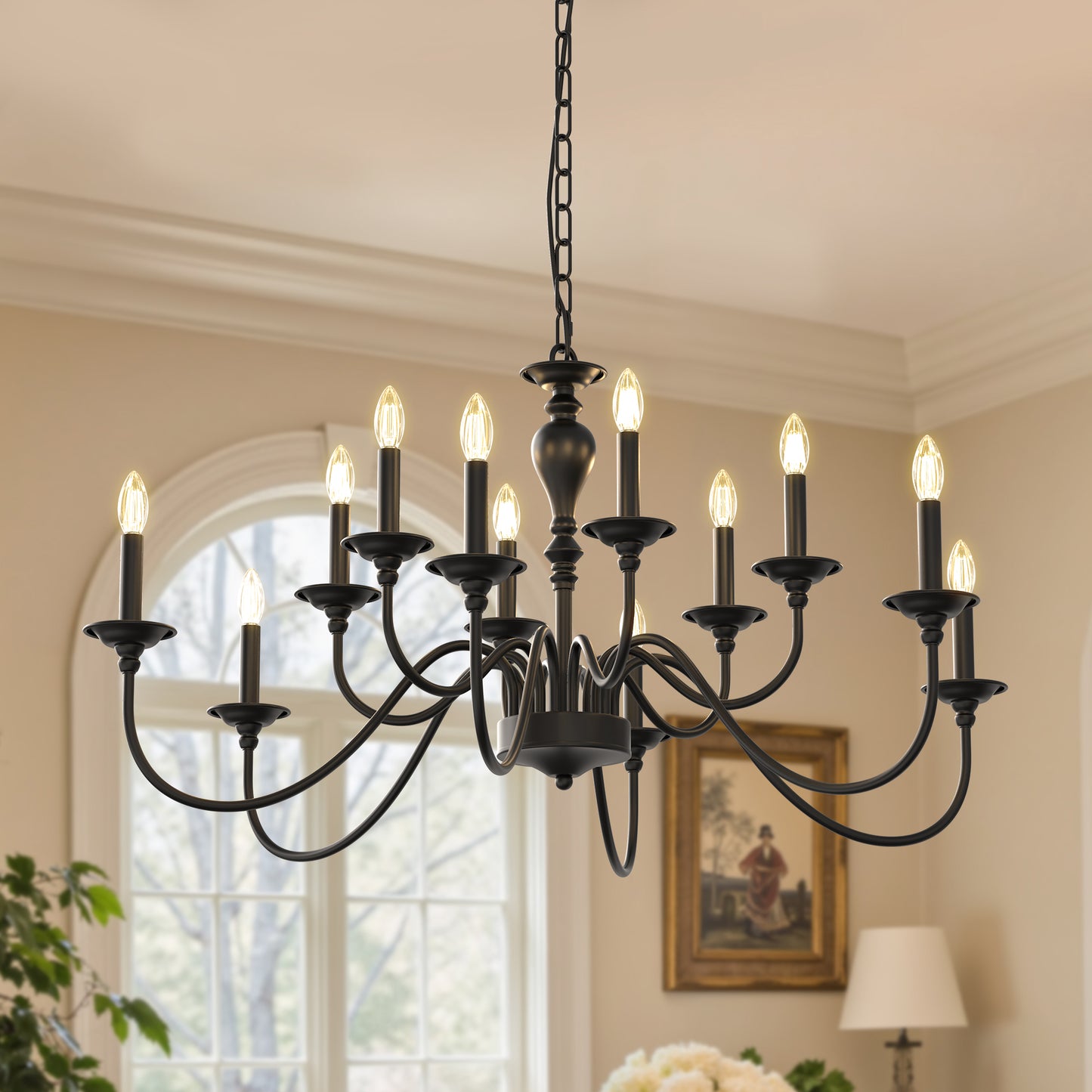 YANSUN 12-Head Candle Chandelier with Black Powder-Coated Metal Finish, Non-Integrated Bulbs, E12 Sockets