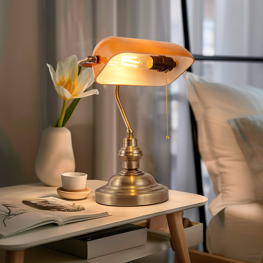 14 in. Banker Task and Reading Retro Gold Bedside Lamp with Orange Glass Shade, Classic Desk Light with Pull Chain
