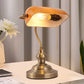 14 in. Banker Task and Reading Retro Gold Bedside Lamp with Orange Glass Shade, Classic Desk Light with Pull Chain