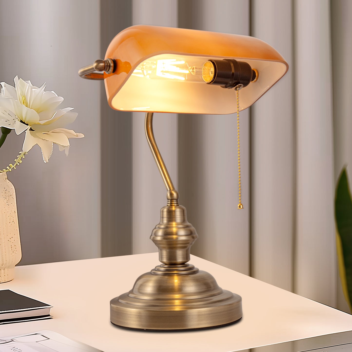 14 in. Banker Task and Reading Retro Gold Bedside Lamp with Orange Glass Shade, Classic Desk Light with Pull Chain
