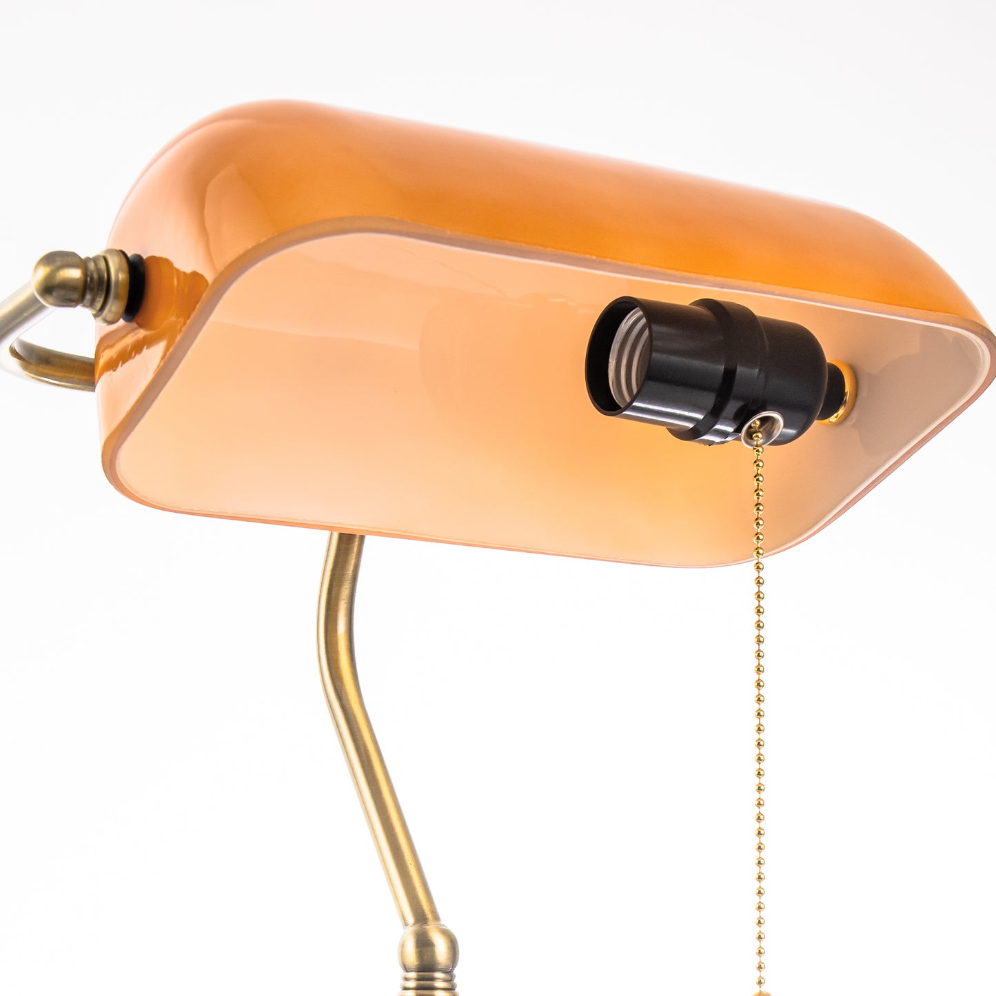 14 in. Banker Task and Reading Retro Gold Bedside Lamp with Orange Glass Shade, Classic Desk Light with Pull Chain