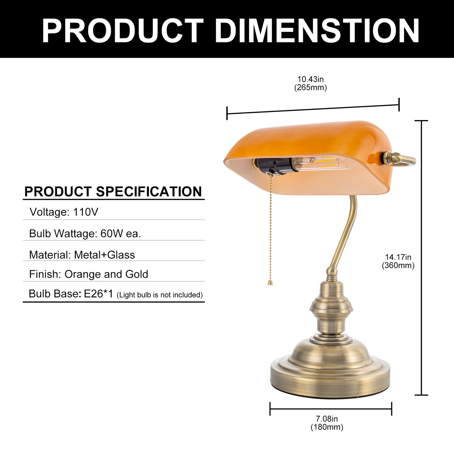 14 in. Banker Task and Reading Retro Gold Bedside Lamp with Orange Glass Shade, Classic Desk Light with Pull Chain