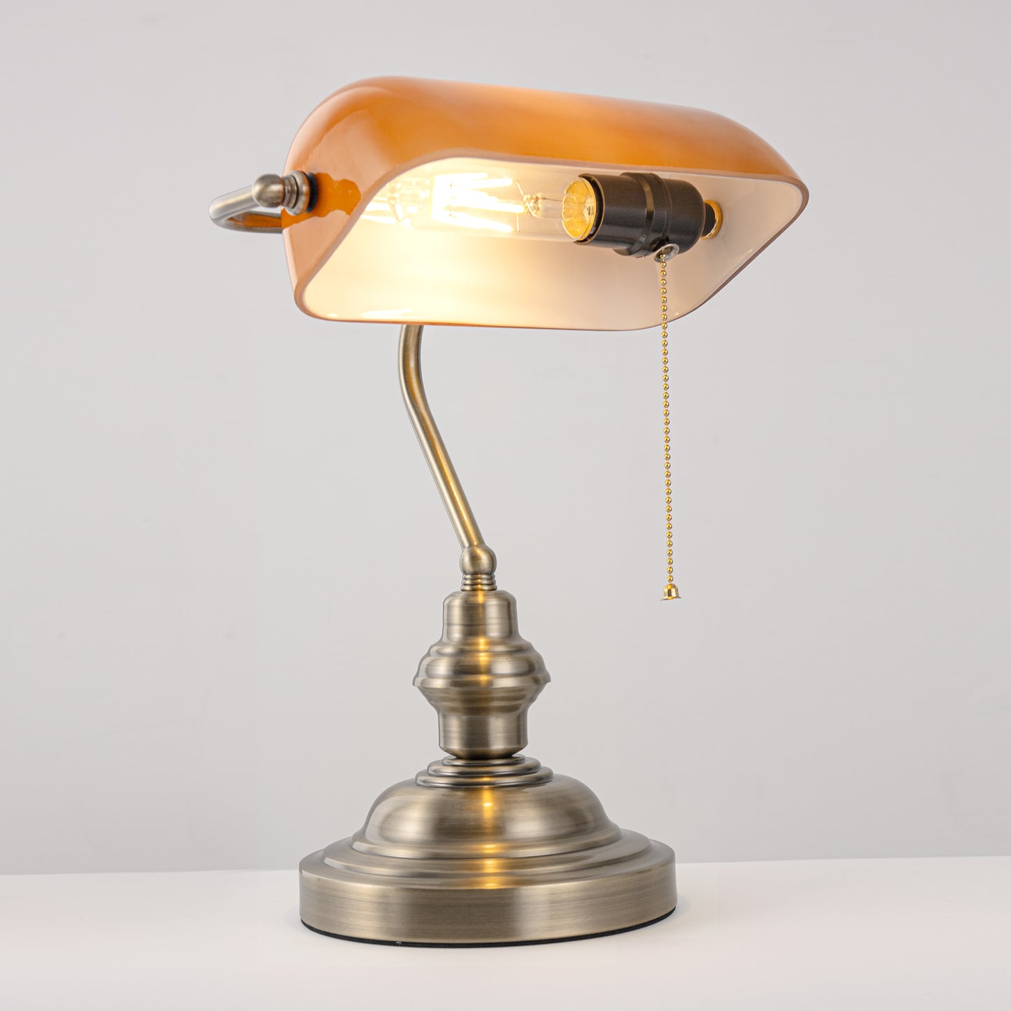 14 in. Banker Task and Reading Retro Gold Bedside Lamp with Orange Glass Shade, Classic Desk Light with Pull Chain