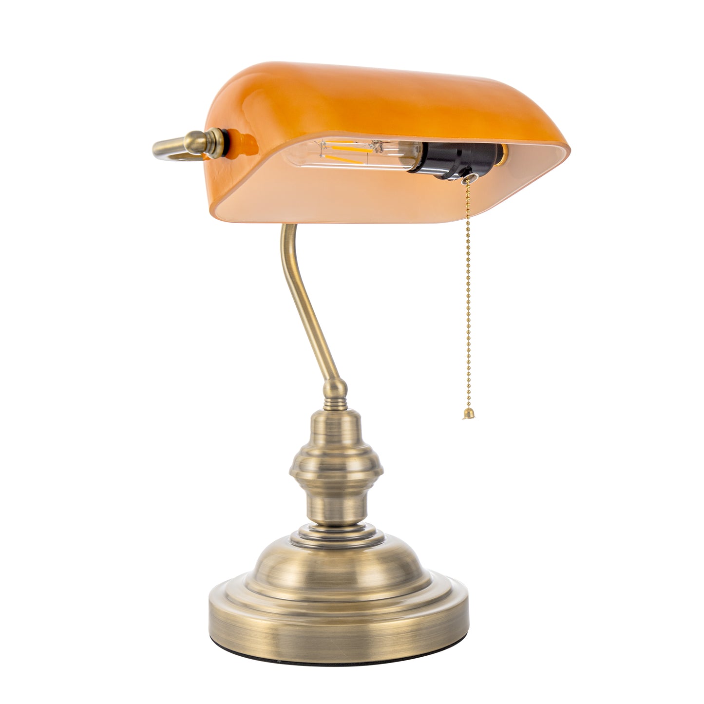 14 in. Banker Task and Reading Retro Gold Bedside Lamp with Orange Glass Shade, Classic Desk Light with Pull Chain