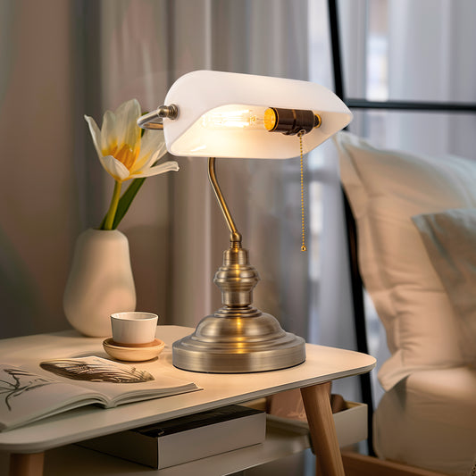 14 in. Banker Task and Reading Elegant Gold Bedside Lamp with White Glass Shade, Desk Light with Pull Chain for Bedroom