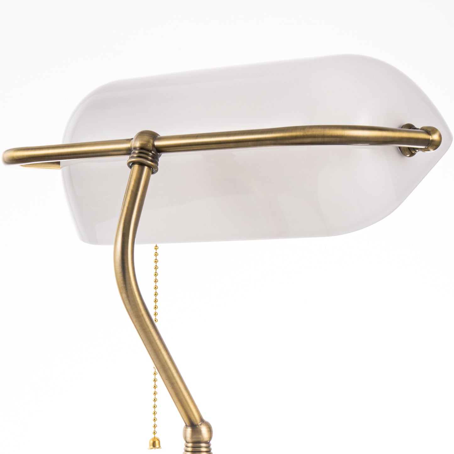 14 in. Banker Task and Reading Elegant Gold Bedside Lamp with White Glass Shade, Desk Light with Pull Chain for Bedroom