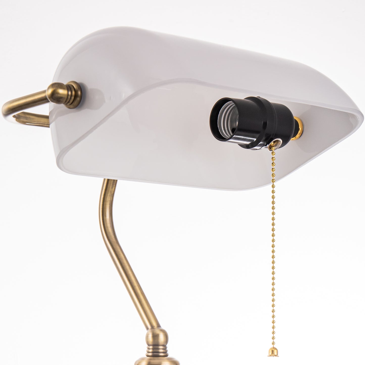 14 in. Banker Task and Reading Elegant Gold Bedside Lamp with White Glass Shade, Desk Light with Pull Chain for Bedroom