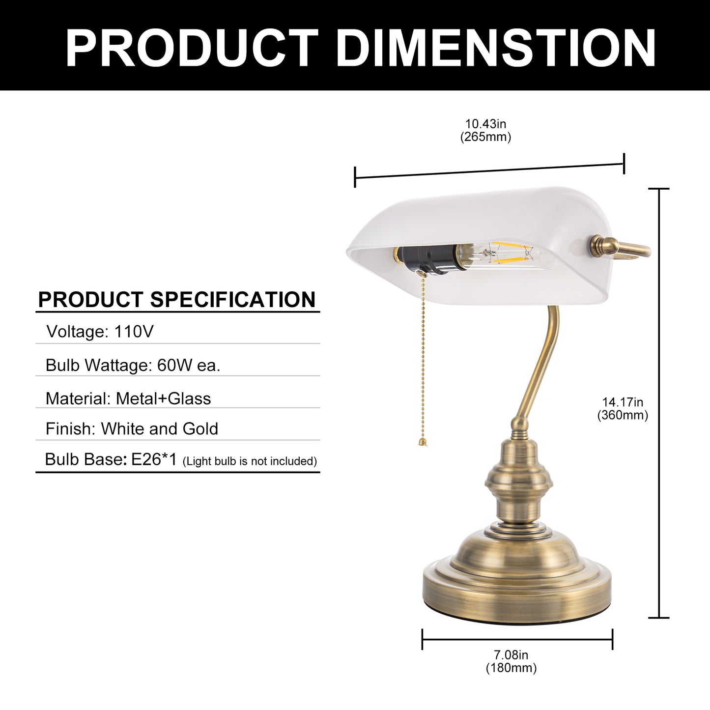 14 in. Banker Task and Reading Elegant Gold Bedside Lamp with White Glass Shade, Desk Light with Pull Chain for Bedroom