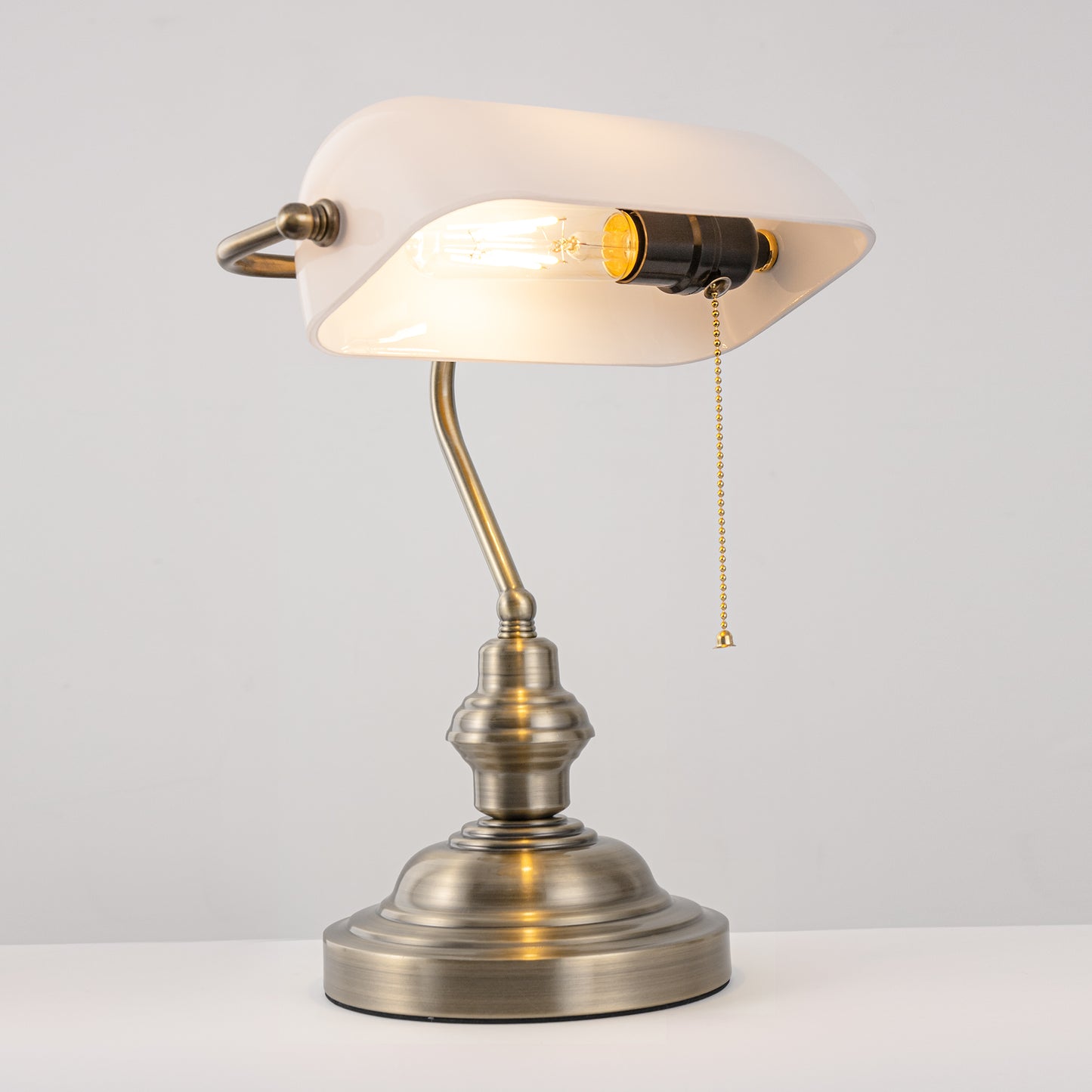 14 in. Banker Task and Reading Elegant Gold Bedside Lamp with White Glass Shade, Desk Light with Pull Chain for Bedroom
