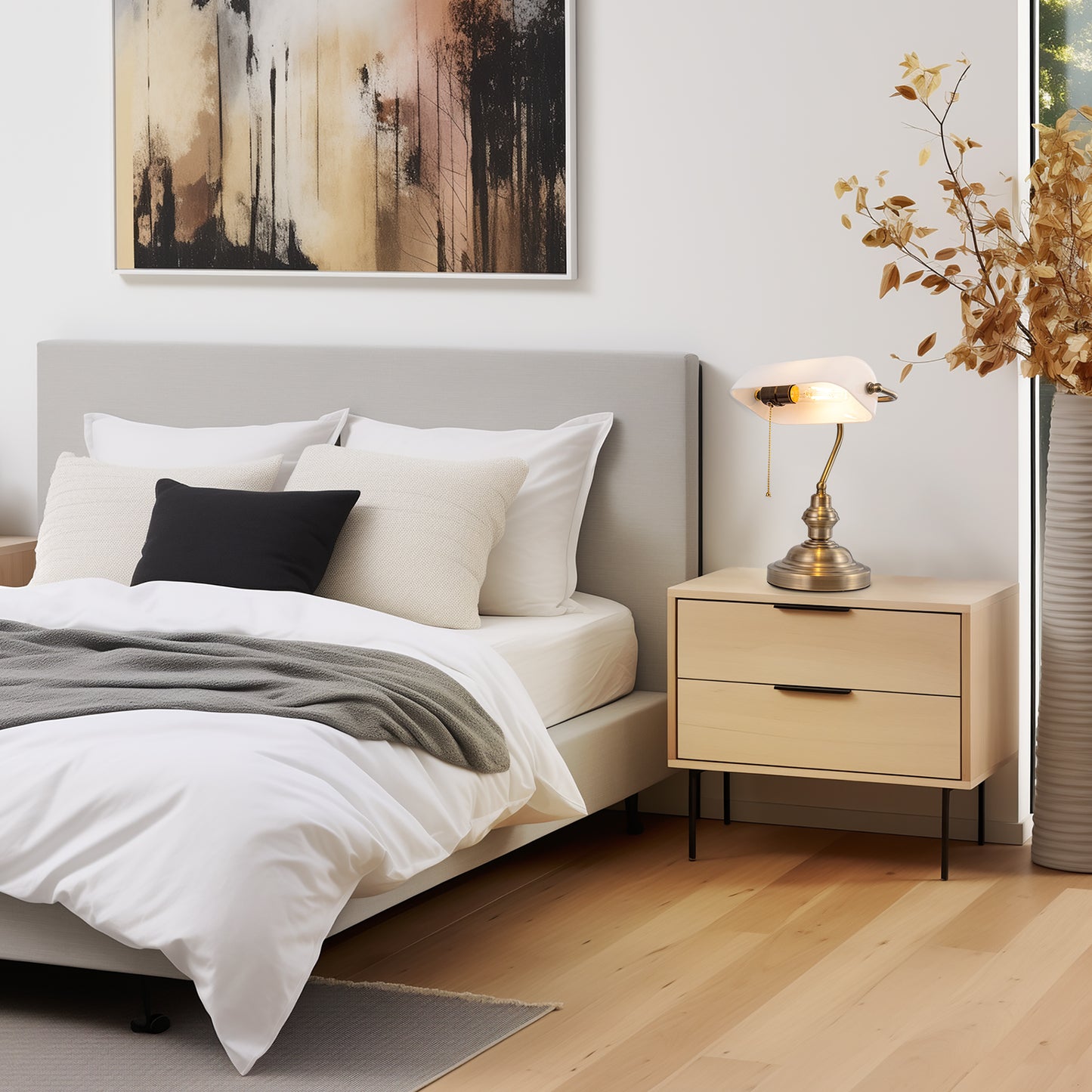 14 in. Banker Task and Reading Elegant Gold Bedside Lamp with White Glass Shade, Desk Light with Pull Chain for Bedroom