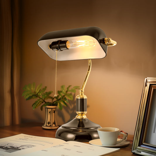 15 in. Black Glass Task and Reading Bankers Lamp with Gold Trim and Pull Chain Switch, Adjustable Desk Light for Office