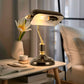 15 in. Black Glass Task and Reading Bankers Lamp with Gold Trim and Pull Chain Switch, Adjustable Desk Light for Office