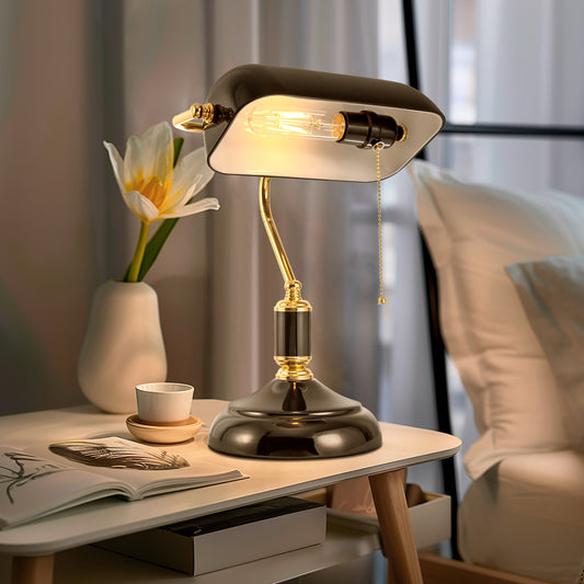 15 in. Black Glass Task and Reading Bankers Lamp with Gold Trim and Pull Chain Switch, Adjustable Desk Light for Office