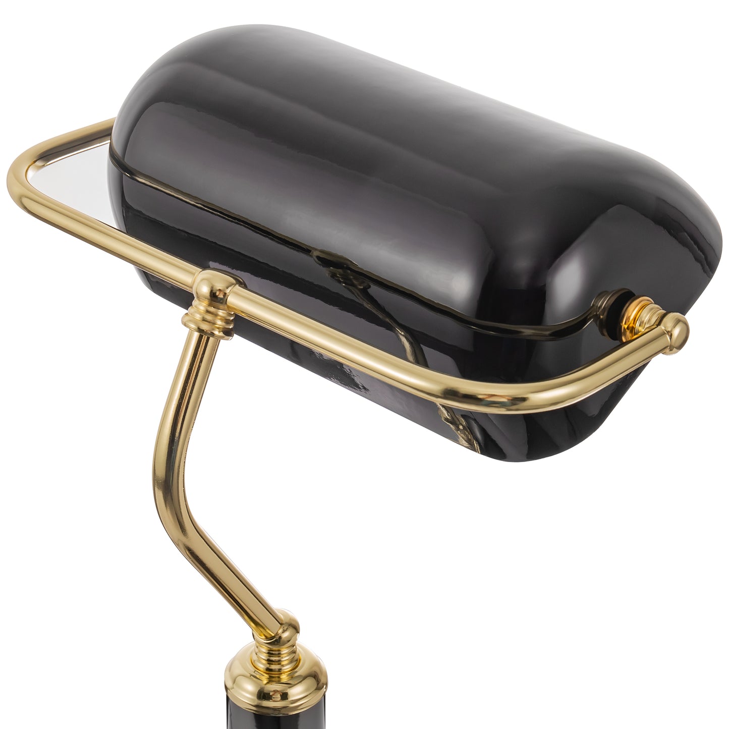 15 in. Black Glass Task and Reading Bankers Lamp with Gold Trim and Pull Chain Switch, Adjustable Desk Light for Office