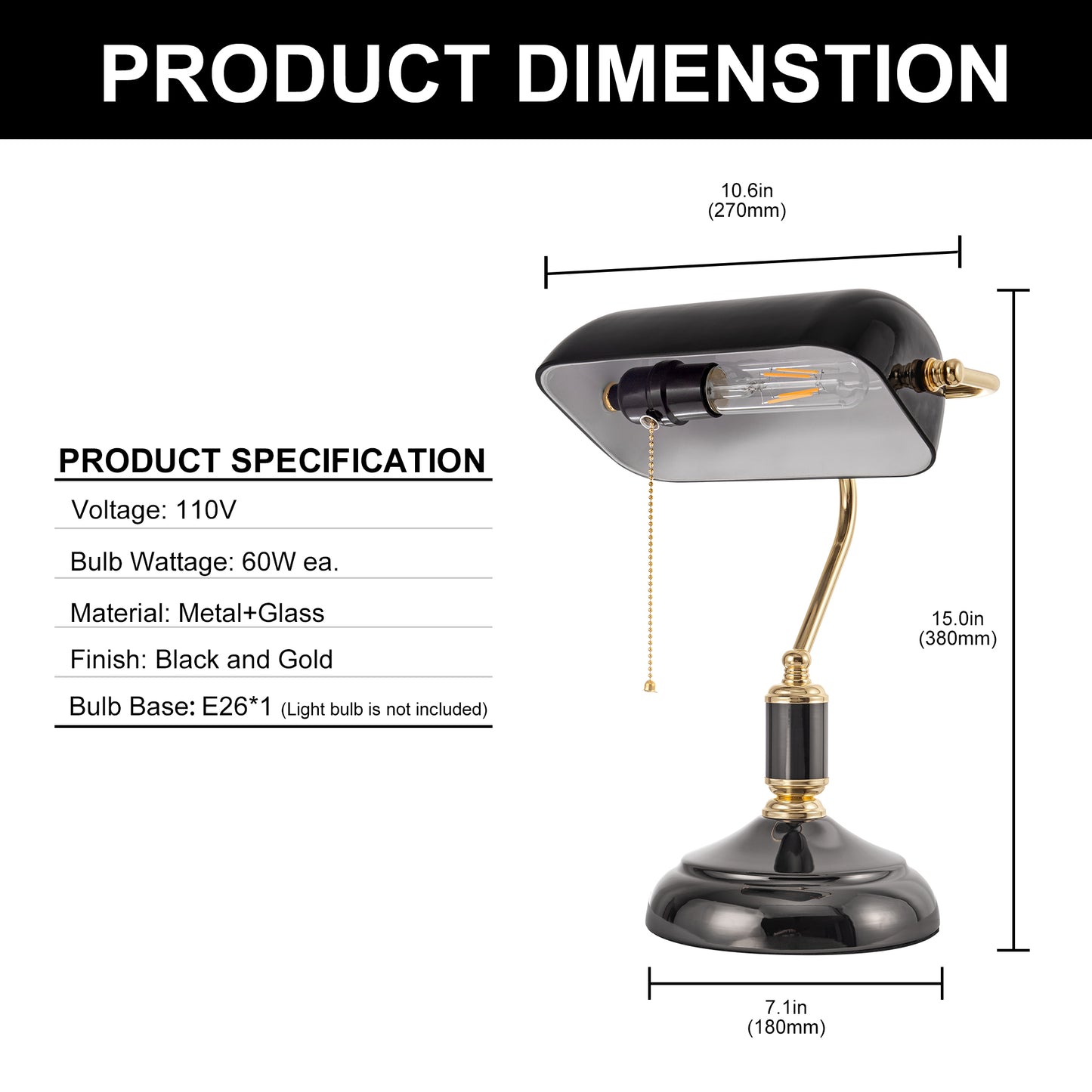 15 in. Black Glass Task and Reading Bankers Lamp with Gold Trim and Pull Chain Switch, Adjustable Desk Light for Office