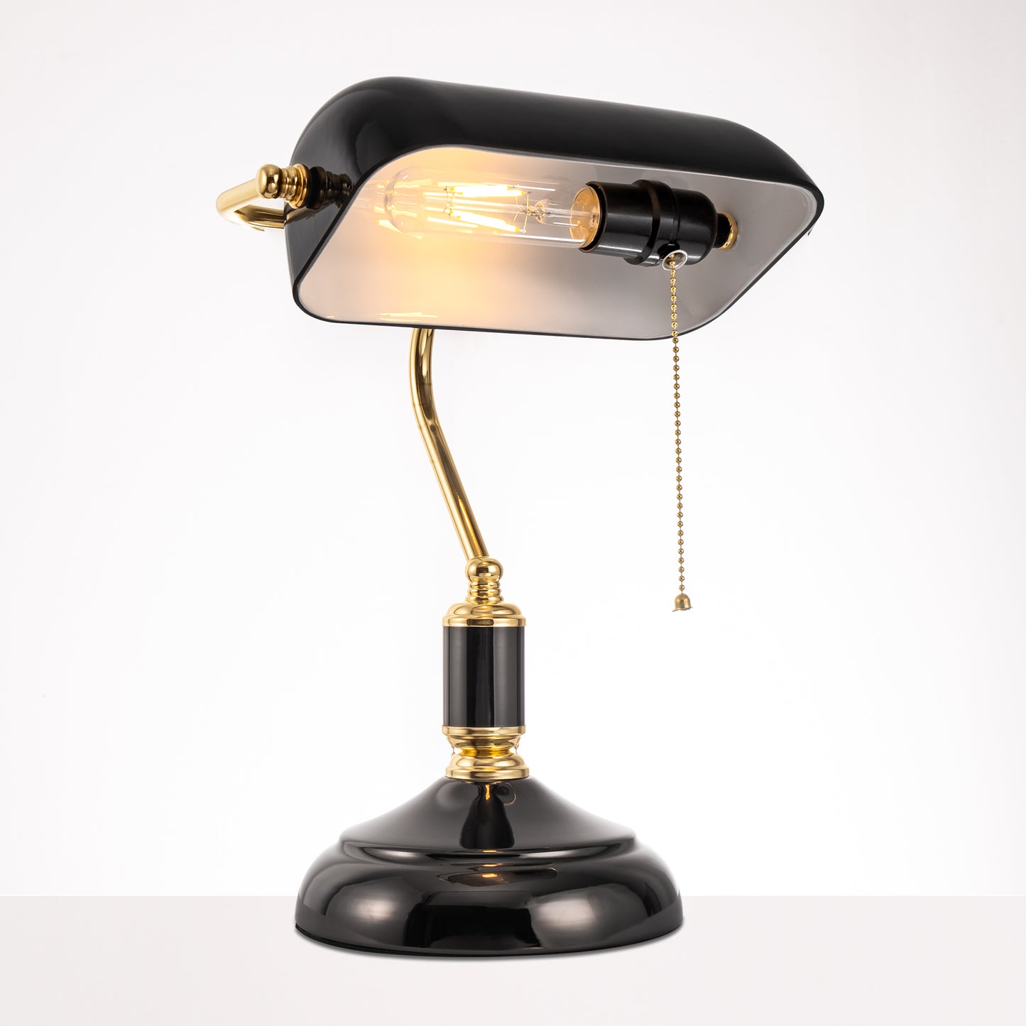 15 in. Black Glass Task and Reading Bankers Lamp with Gold Trim and Pull Chain Switch, Adjustable Desk Light for Office